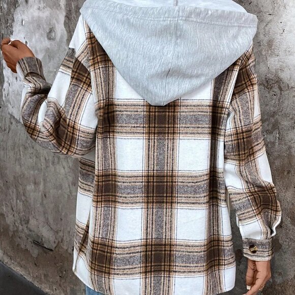 Brown Casual Womens Plaid Print Drop Shoulder Drawstring Hooded Coat - Picture 2 of 5